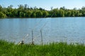 fishing rods on the shore of the pond