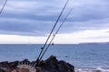 Fishing rods in a white stands on a side of a black rock