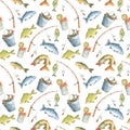 Fishing seamless pattern with fish and hook. Watercolor background for fisherman.