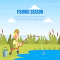 Fishing Season Banner Template, Funny Fisherman Character Standing on Lake Shore and Catching Fish with Rod Cartoon Royalty Free Stock Photo