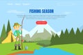 Fishing Season Landing Page Template Web Page, Fisherman Relaxing and Fishing on Beautiful Mountain Landscape, Active