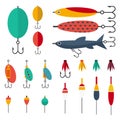 Fishing set of accessories for spinning fishing with crankbait lures and twisters and soft plastic bait fishing float.