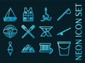 Fishing set icons. Blue glowing neon style. Royalty Free Stock Photo