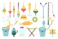 Fishing set. A set of tools for fishing. Flat style. Vector illustration. Royalty Free Stock Photo