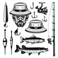 Fishing set of vector objects, design elements in monochrome vintage style isolated on white background. Fisherman head