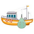 Fishing ship icon, sea harbor fishery equipment