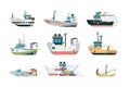 Fishing ship. Marine sea or ocean transport different fishing sailing boats vector flat pictures Royalty Free Stock Photo
