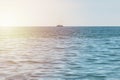 Fishing ship at sea, Lonely boat trawler goes to port for sell fish catch, Calm clear sunny weather, Beautiful horizon of seascape Royalty Free Stock Photo