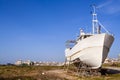 Fishing ship, a trawler being built or under maintenance in Povoa de Varzim Royalty Free Stock Photo