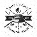 Fishing shop vector emblem with fisherman hat