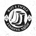 Fishing shop vector round emblem, badge with boots