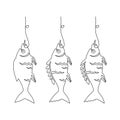 Fishing. Small fish that has swallowed the bait on the hook. Catch. Continuous line drawing. Vector illustration Royalty Free Stock Photo