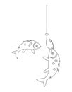 Fishing. Small fish that has swallowed the bait on the hook. Catch. Continuous line drawing. Vector illustration