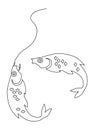 Fishing. Small fish that has swallowed the bait on the hook. Catch. Continuous line drawing. Vector illustration