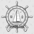 Fishing Sport Club logo with Sailing Ship and Steering Wheel. Royalty Free Stock Photo
