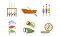 Fishing Sport Equipment Set, Fishing Rod, Wooden Boat, Tackle, Compass, Flashlight, Binoculars Vector Illustration Royalty Free Stock Photo