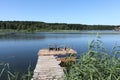 Fishing spot on the mooring bridge, Karakan River, Novosibirsk region, Russia Royalty Free Stock Photo