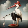 A fishing stork in a hat sitting on a wooden platform in the sea