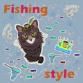 The fishing style. Cat fishing. Vector illustration