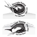 Fishing style labels with fish and landscapes forest and mountains