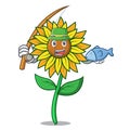 Fishing sunflower mascot cartoon style