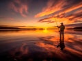 Fishing at sunset, a favorite hobby, a fisherman catches a predatory fish on the lake in the evening. Generative Ai