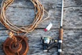 fishing tackle and accessories on wooden table on sammer Royalty Free Stock Photo