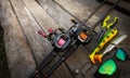 Fishing tackle background. Tools for big fish. Royalty Free Stock Photo