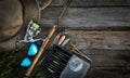 Fishing tackle background. Trout stream fishing. Royalty Free Stock Photo