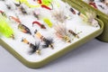 Fishing Tackle Box Filled with Small Hand Tied Flies Royalty Free Stock Photo