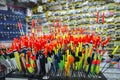 Fishing tackle with colored floats close-up in a fishing shop Russia, Kursk region, Zheleznogorsk October 2019