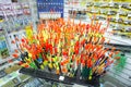 Fishing tackle with colored floats close-up in a fishing shop Russia, Kursk region, Zheleznogorsk October 2019