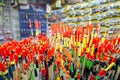 Fishing tackle with colored floats close-up in a fishing shop Russia, Kursk region, Zheleznogorsk October 2019