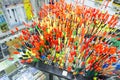 Fishing tackle with colored floats close-up in a fishing shop Russia, Kursk region, Zheleznogorsk October 2019