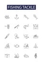 Fishing tackle line vector icons and signs. Reel, Line, Hook, Lure, Bait, Float, Swivel, Net outline vector illustration