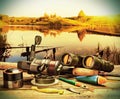 Fishing tackle on a pontoon Royalty Free Stock Photo