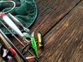 Fishing tackle set prepared on table