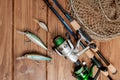 Fishing tackle - fishing spinning, hooks and lures on wooden background with copy space Royalty Free Stock Photo