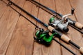 Fishing tackle - fishing spinning, hooks and lures on wooden background with copy space Royalty Free Stock Photo