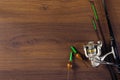 Fishing tackle on the wooden background Royalty Free Stock Photo
