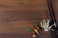 Fishing tackle on the wooden background Royalty Free Stock Photo