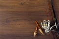 Fishing tackle on the wooden background Royalty Free Stock Photo