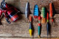 Fishing tackle on a wooden surface Royalty Free Stock Photo
