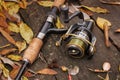 Fishing tackle on wooden surface. Royalty Free Stock Photo