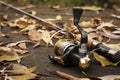 Fishing tackle on wooden surface. Royalty Free Stock Photo