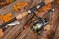 Fishing tackle on wooden surface. Royalty Free Stock Photo