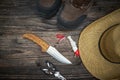 Fishing tackles and fishing gear on wooden background Royalty Free Stock Photo