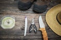 Fishing tackles and fishing gear on wooden background Royalty Free Stock Photo