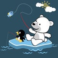 Funny cartoon with polar bear and little penguin fishing Royalty Free Stock Photo