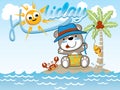 Fishing time at summer holiday with little bear. Vector cartoon illustration Royalty Free Stock Photo